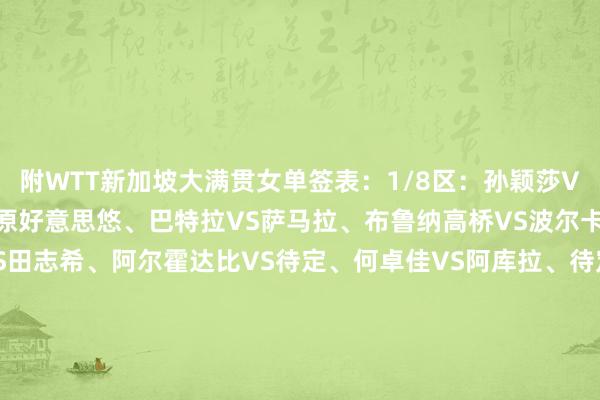 附WTT新加坡大满贯女单签表：1/8区：孙颖莎VS徐孝元、袁家楠VS木原好意思悠、巴特拉VS萨马拉、布鲁纳高桥VS波尔卡诺娃2/8区：申裕斌VS田志希、阿尔霍达比VS待定、何卓佳VS阿库拉、待定VS张本好意思和3/8区：王艺迪VS朴佳贤、帕瓦德VS朱成竹、刘杨子VS伊尔兰德、王艾米VS迪亚兹4/8区：钱天一VS倪夏莲、伯格斯特隆VS单晓娜、张默VS帕拉南、金娜英VS伊藤好意思诚、钱天一VS倪夏莲5