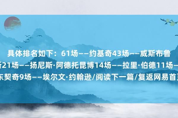 具体排名如下：61场——约基奇43场——威斯布鲁克28场——萨博尼斯21场——扬尼斯·阿德托昆博14场——拉里·伯德11场——巴克利11场——东契奇9场——埃尔文·约翰逊/阅读下一篇/复返网易首页下载网易新闻客户端世界买球站体育信息